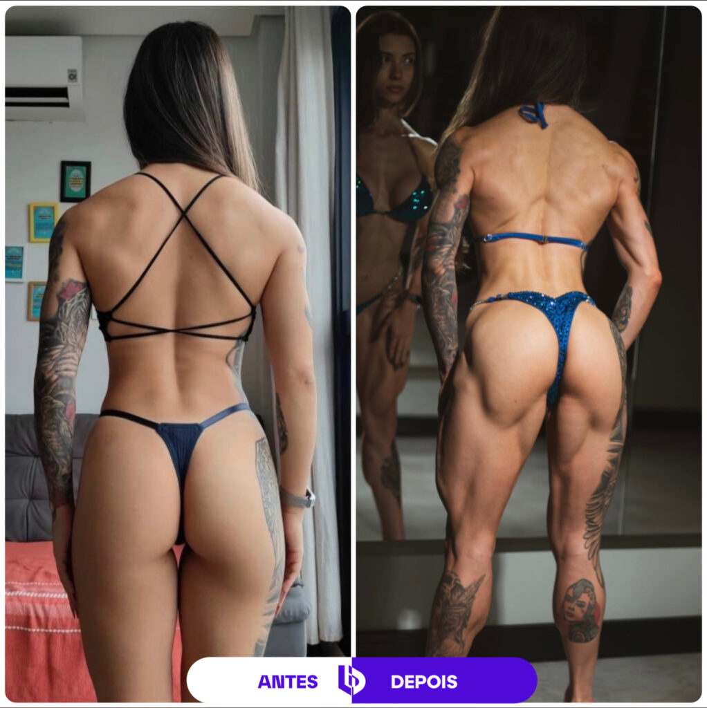 Comparação de antes e depois de transformação corporal feminina, mostrando evolução da definição abdominal e muscular.