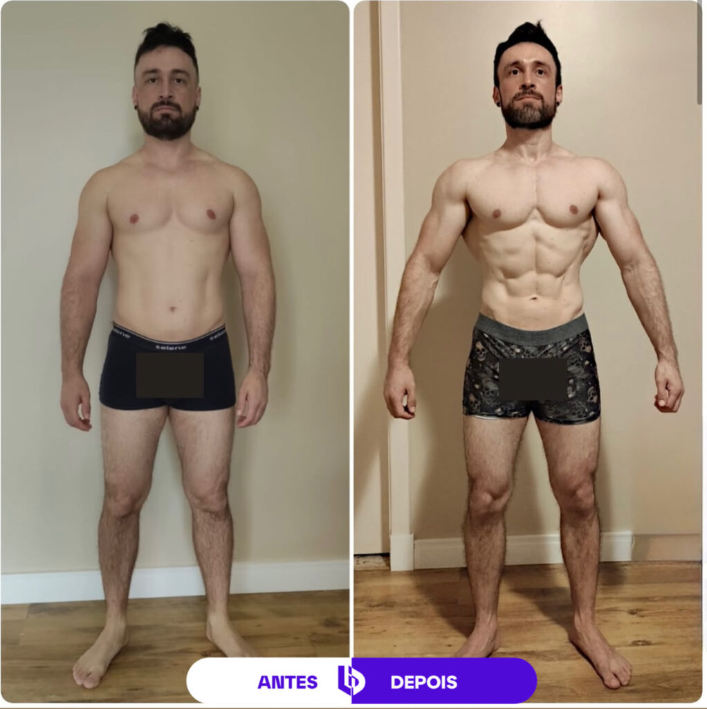 Comparação de antes e depois de transformação corporal masculina, mostrando evolução da definição abdominal e muscular.