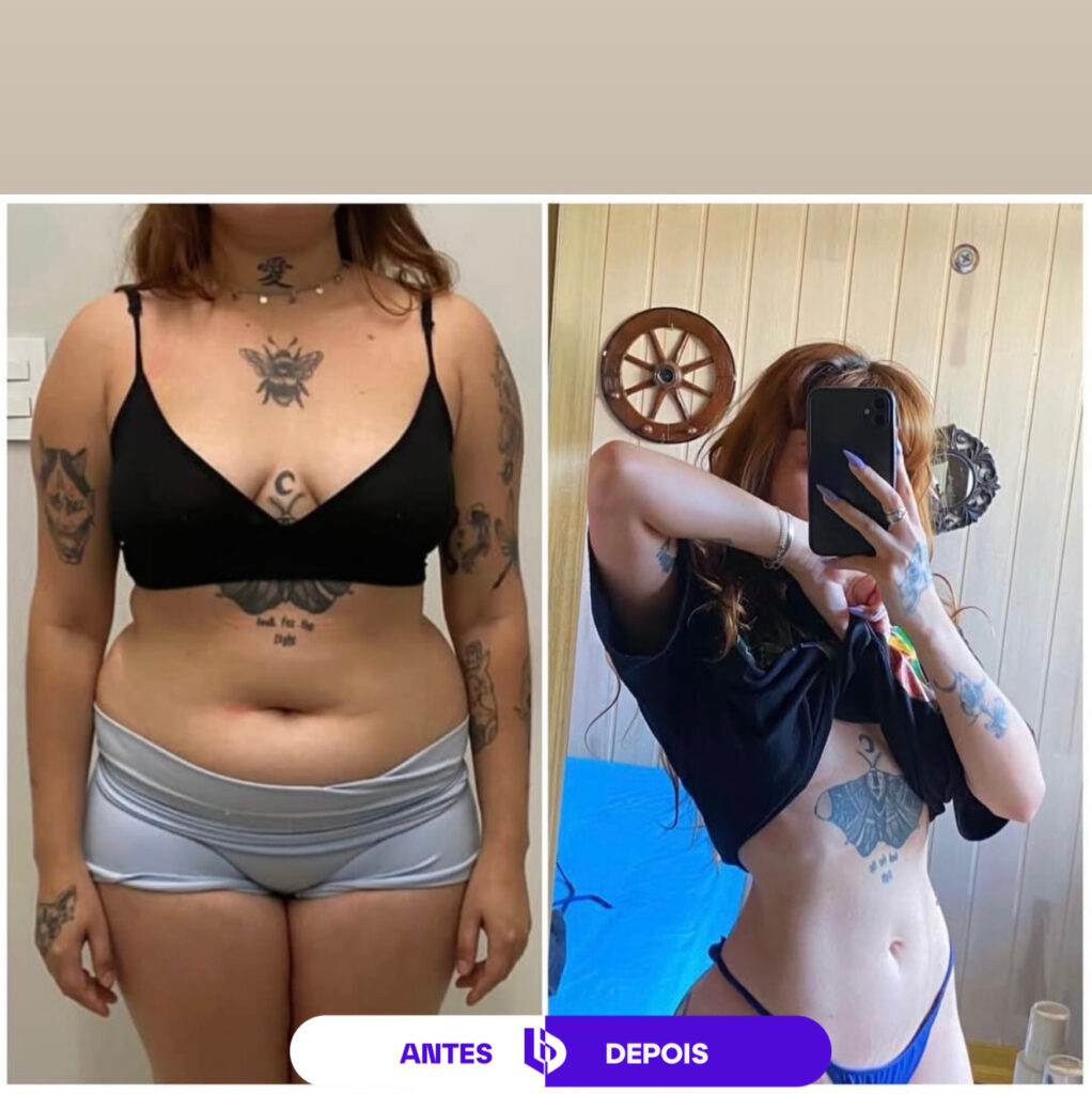 Comparação de antes e depois de transformação corporal feminina, mostrando evolução da definição abdominal e muscular.