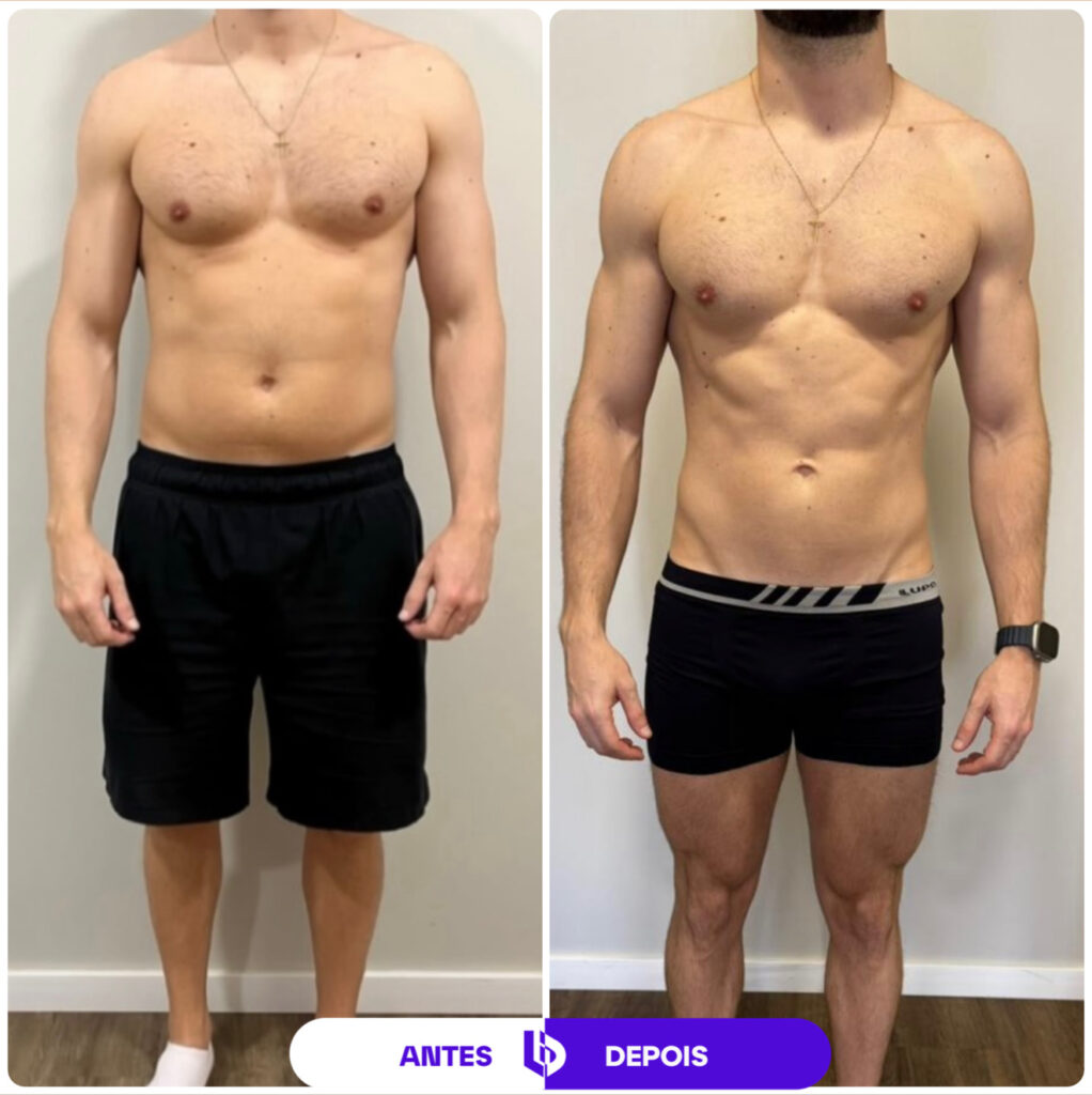 Comparação de antes e depois de transformação corporal masculina, mostrando evolução da definição abdominal e muscular.