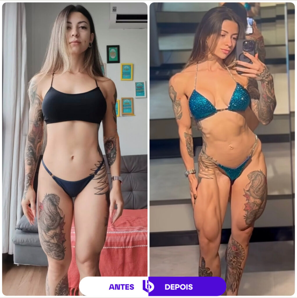 Comparação de antes e depois de transformação corporal feminina, mostrando evolução da definição abdominal e muscular.