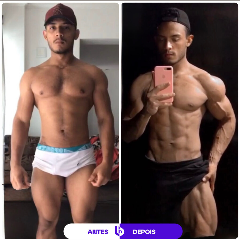 Comparação de antes e depois de transformação corporal masculina, mostrando evolução da definição abdominal e muscular.