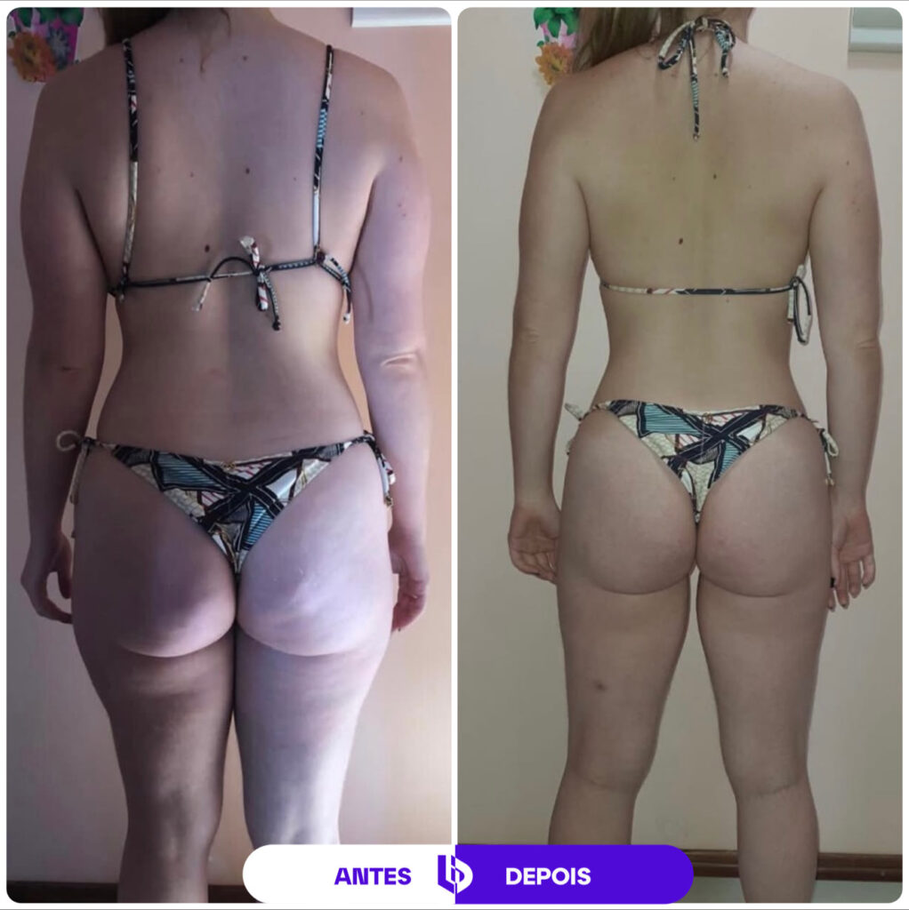 Comparação de antes e depois de transformação corporal feminina, mostrando evolução da definição abdominal e muscular.