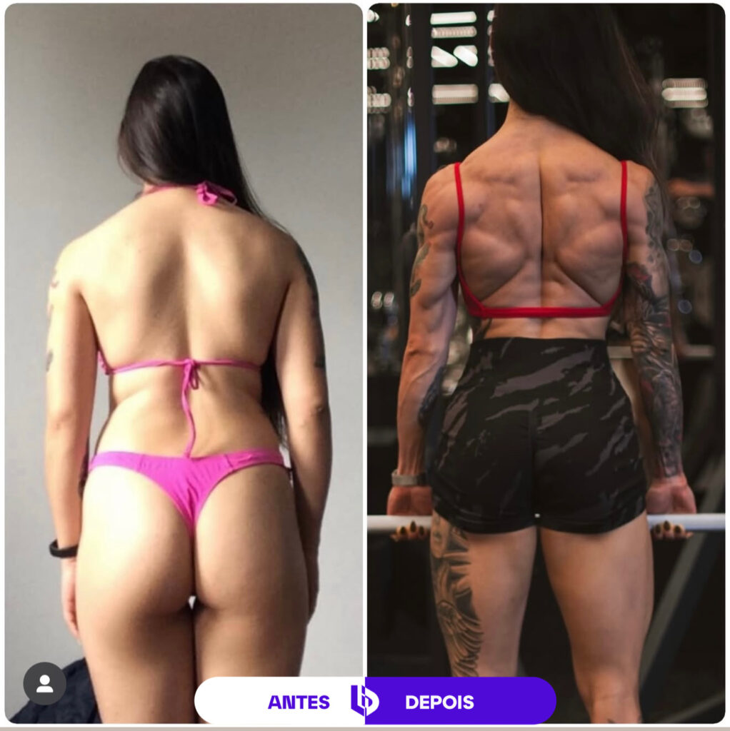 Comparação de antes e depois de transformação corporal feminina, mostrando evolução da definição abdominal e muscular.