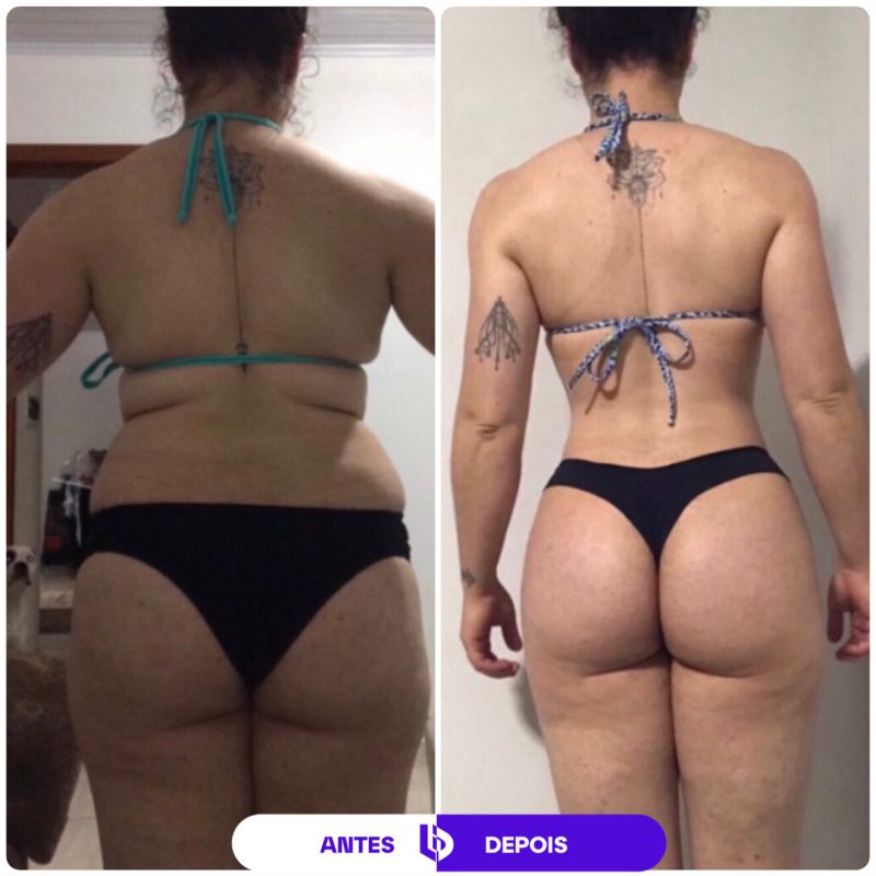 Comparação de antes e depois de transformação corporal feminina, mostrando evolução da definição abdominal e muscular.