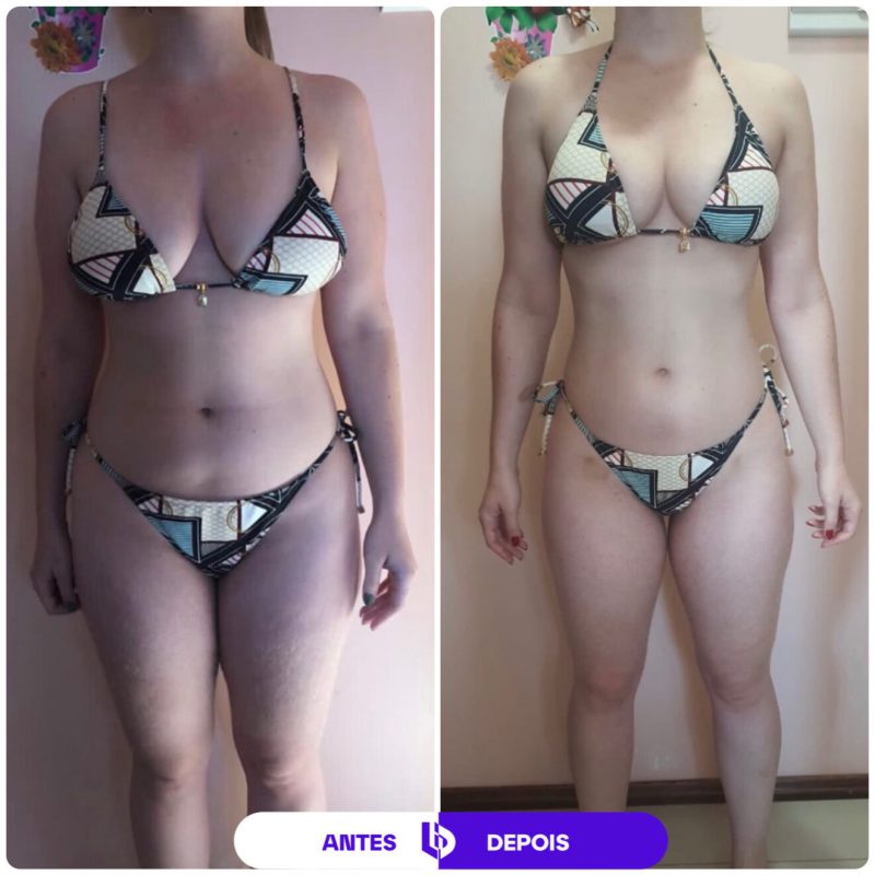 Comparação de antes e depois de transformação corporal feminina, mostrando evolução da definição abdominal e muscular.