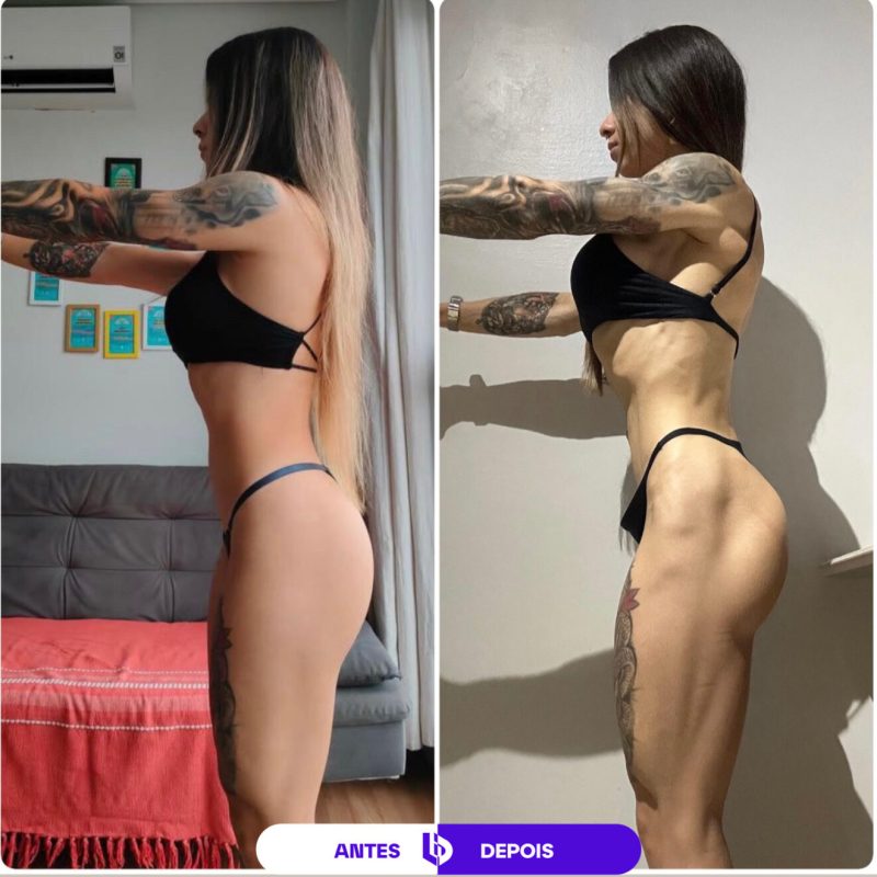 Comparação de antes e depois de transformação corporal feminina, mostrando evolução da definição abdominal e muscular.