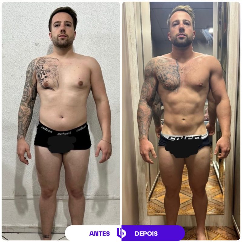 Comparação de antes e depois de transformação corporal masculina, mostrando evolução da definição abdominal e muscular.