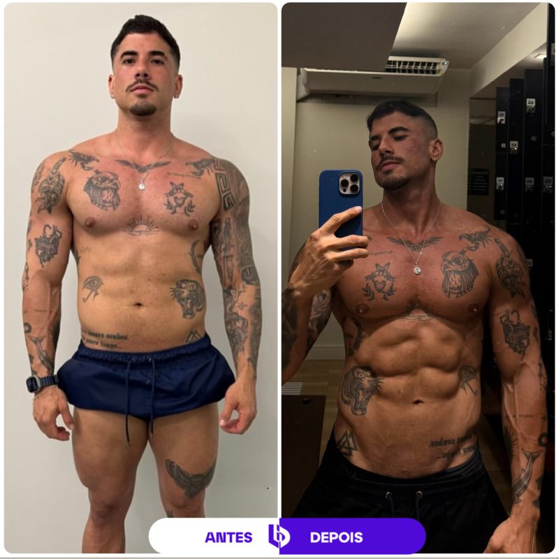 Comparação de antes e depois de transformação corporal masculina, mostrando evolução da definição abdominal e muscular.