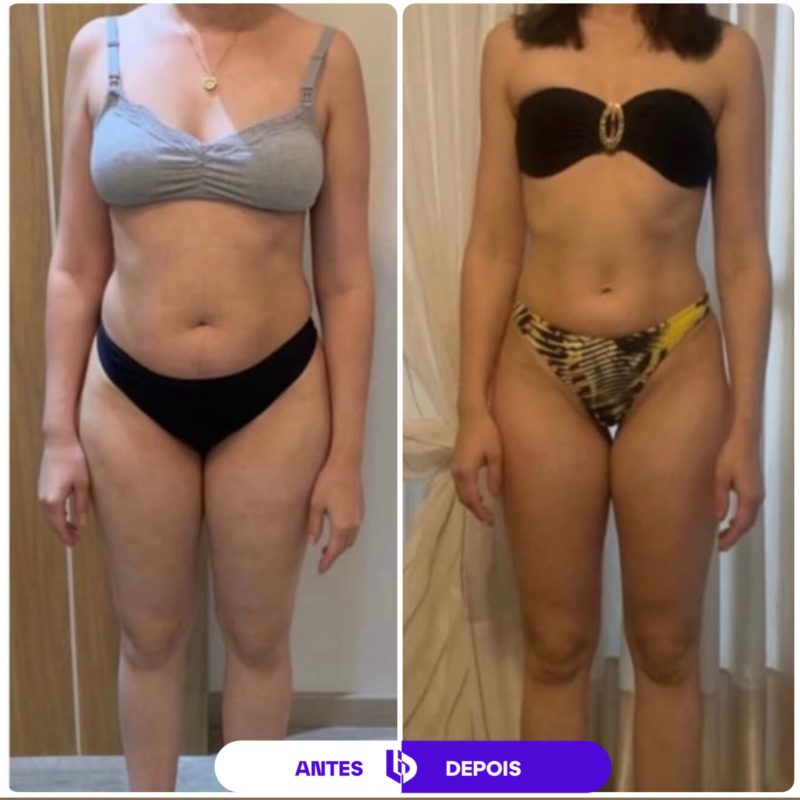 Comparação de antes e depois de transformação corporal feminina, mostrando evolução da definição abdominal e muscular.