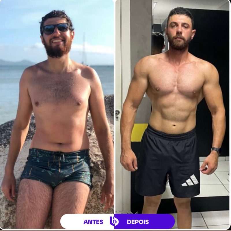 Comparação de antes e depois de transformação corporal masculina, mostrando evolução da definição abdominal e muscular.